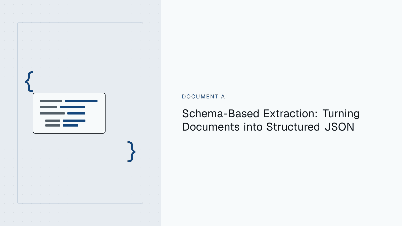 A document card next to a structured JSON output block showing key-value fields and nested line items